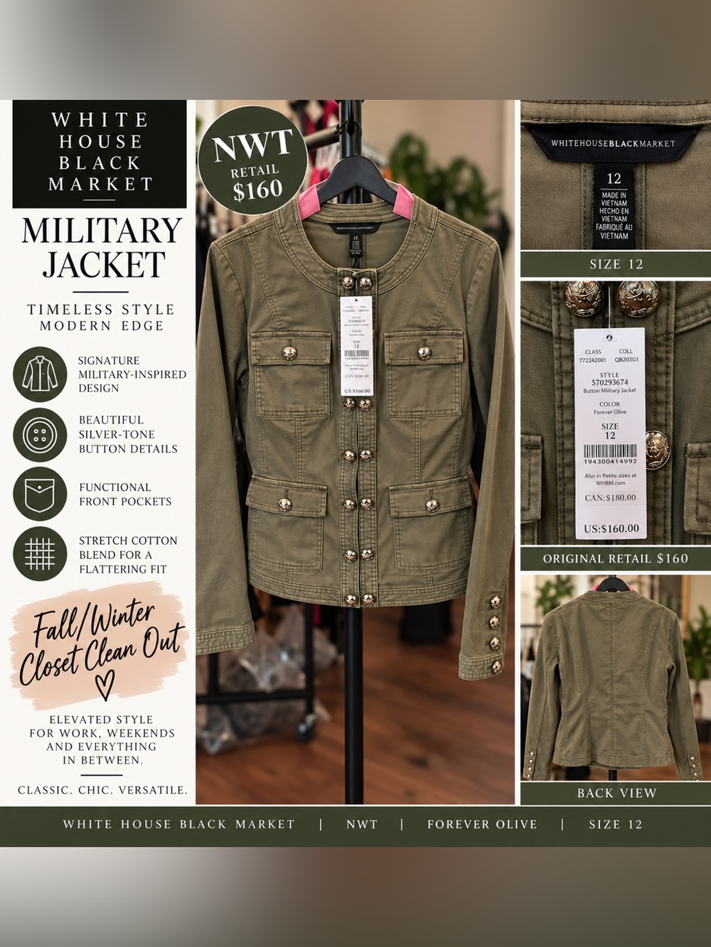 White House Black Market Olive Utility Jacket with Silver Buttons